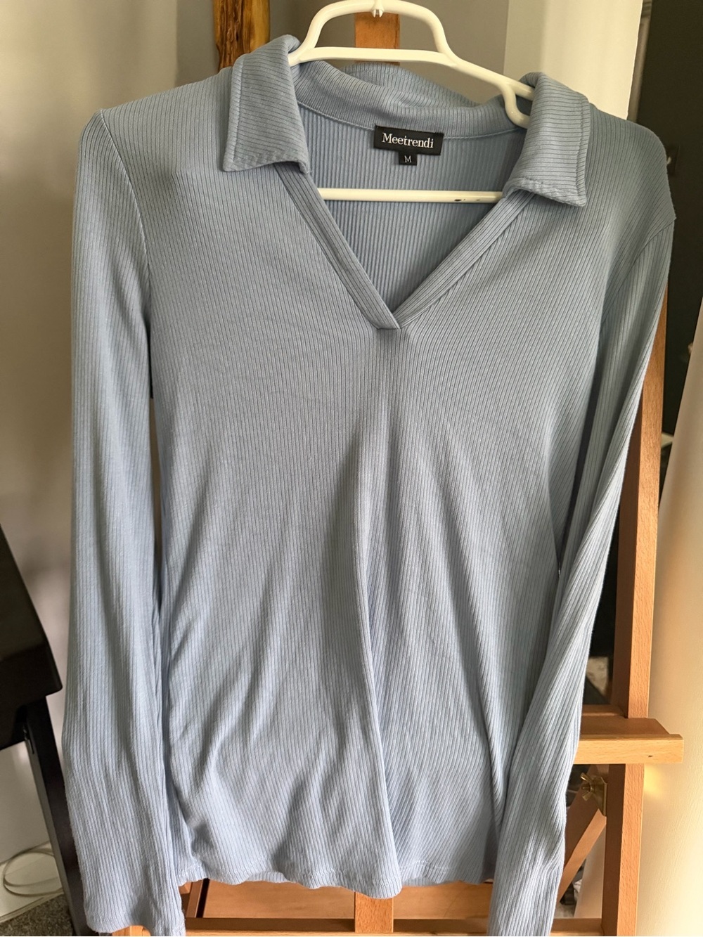 Amazon Light Blue Long Sleeve Ribbed Polo V-Neck Top
